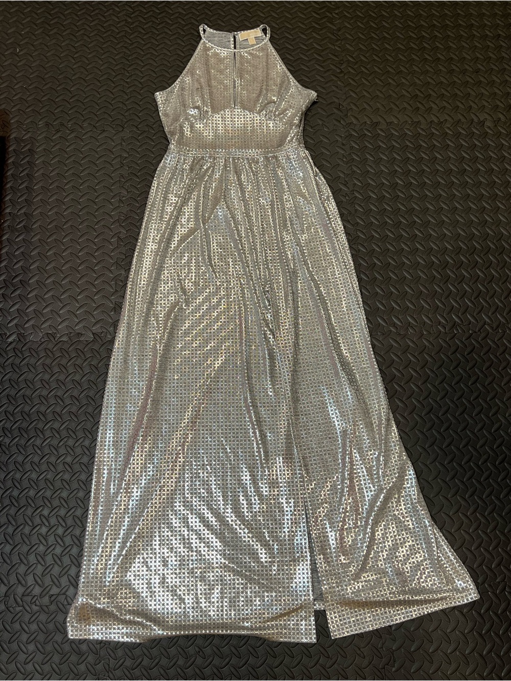 Michael Kors Silver Sequin Halter Maxi Dress